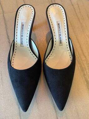 Manolo Blahnik Black Suede Pointed Slip-On Mules 50mm 37.5